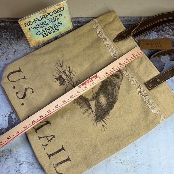 Clea Ray US Mail Owl Graphic Repurposed Canvas Tote Book Bag Leather Straps - Picture 7 of 11